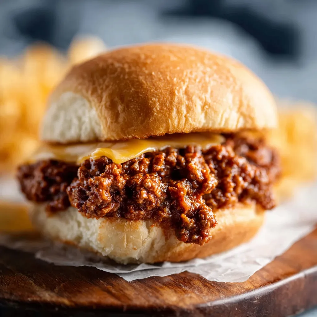 A close-up shot shows a plate of delicious, saucy Sloppy Joes, highlighting the texture and ground beef filling.