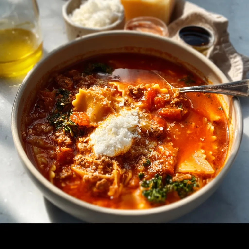 A close-up shot of homemade Lasagna Soup served in a bowl, showcasing its rich, layered ingredients.