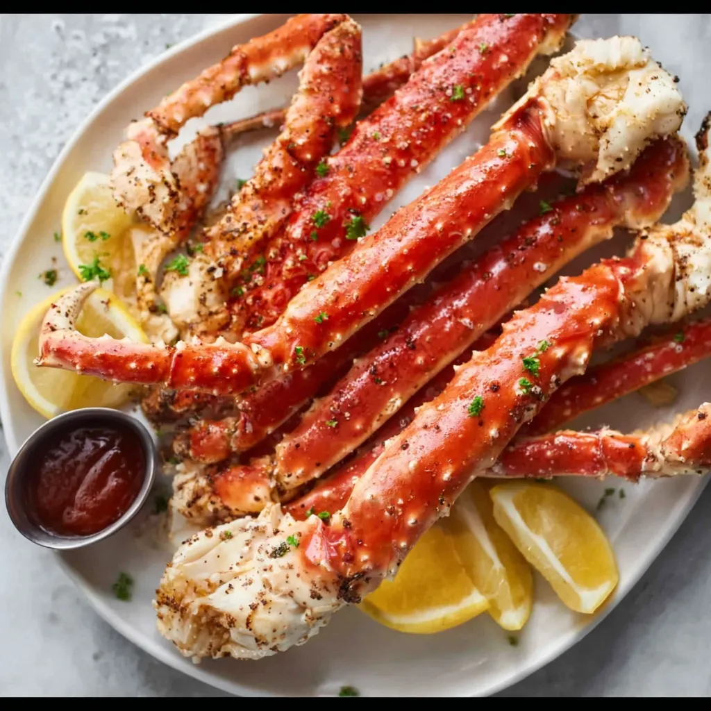 A close-up shot displays succulent King Crab Legs, ready to be enjoyed in a delicious meal.