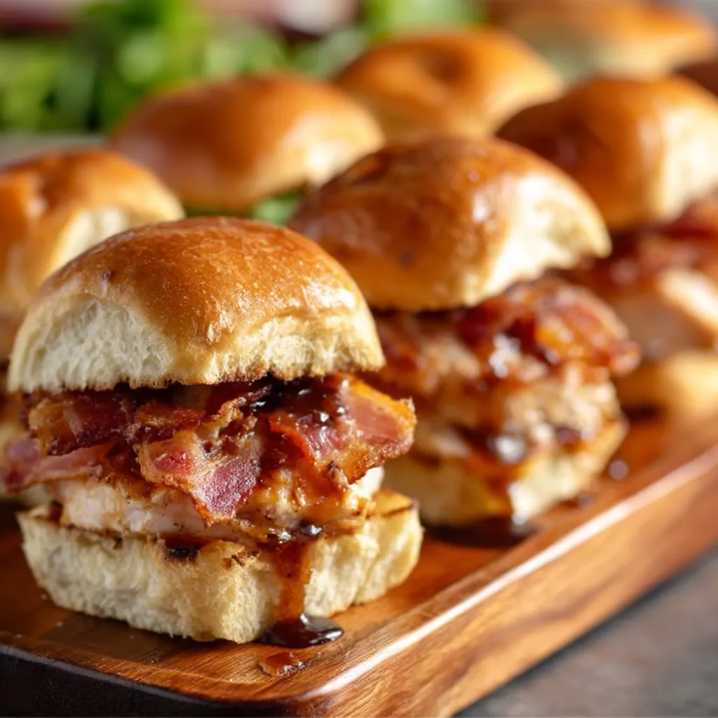 A close-up view showcasing delicious Maple Chicken Bacon Sliders, perfect for a tasty meal.
