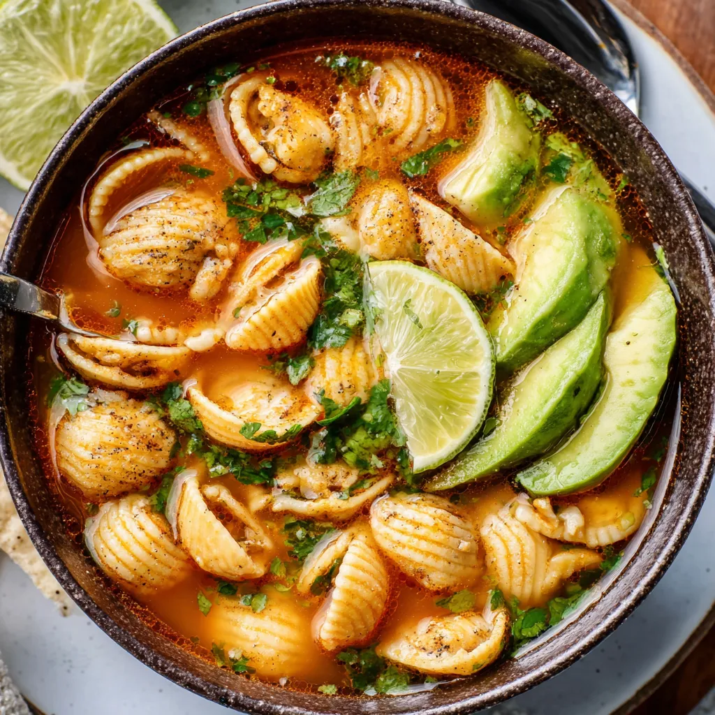 A close-up shot showcases a vibrant bowl of Mexican Sopa De Conchas, filled with shell pasta in a rich tomato broth, highlighting the dish's comforting texture and flavors.