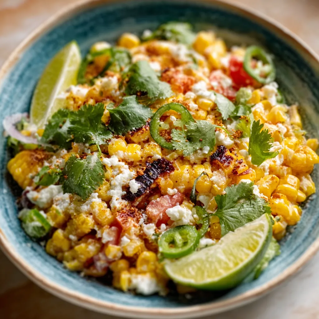 Close-up shot showing the vibrant ingredients and textures of a freshly made Mexican Street Corn Salad.