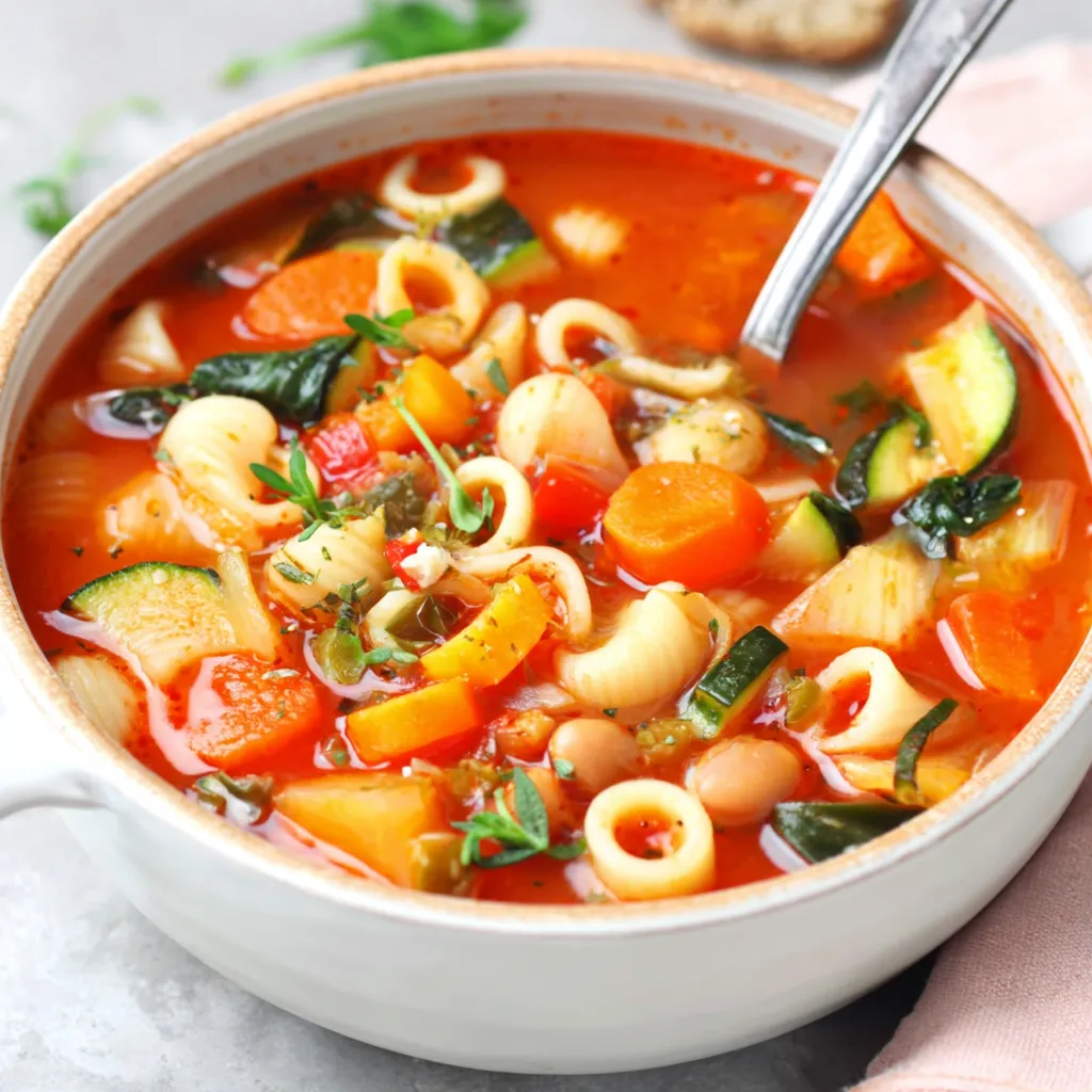 Close-up of a vibrant bowl of homemade Minestrone Soup, showcasing its rich broth and colorful vegetables.