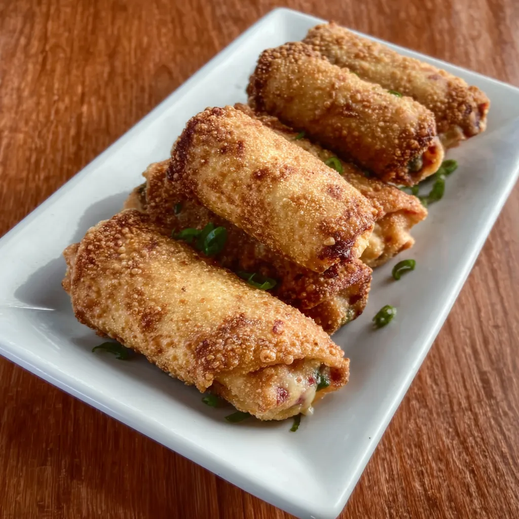 Close-up of crispy Mini Jalapeno Popper Egg Rolls, showcasing their golden-brown exterior and creamy filling.