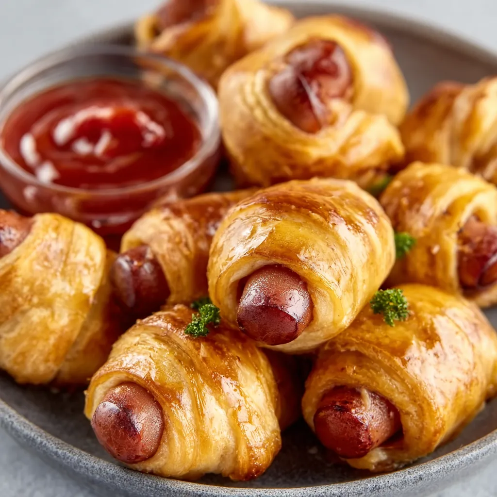 A close-up shot displays golden-brown Pigs In A Blanket arranged appealingly on a plate, ready to be served.