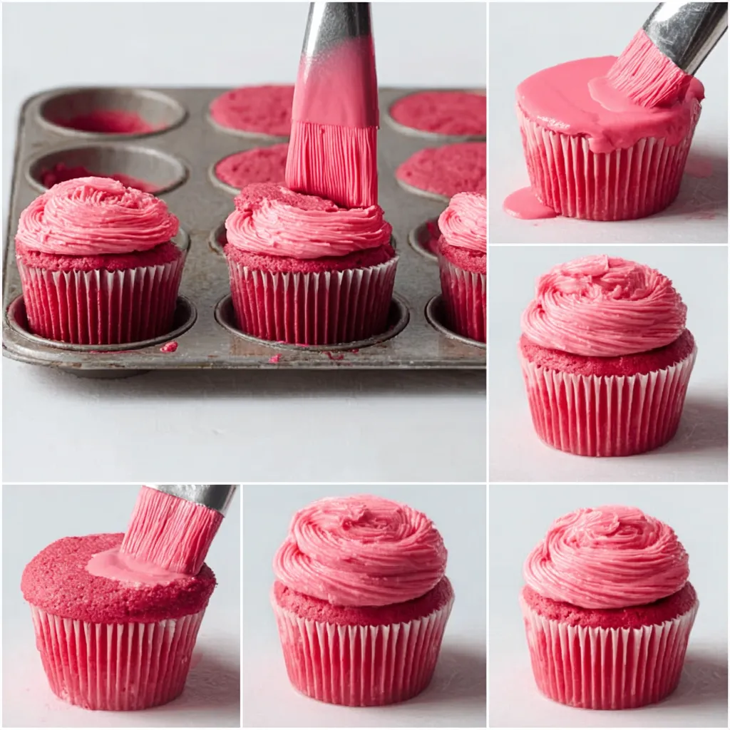 Close-up view of frosted Pink Velvet Cupcakes, showcasing their vibrant pink color and creamy frosting.