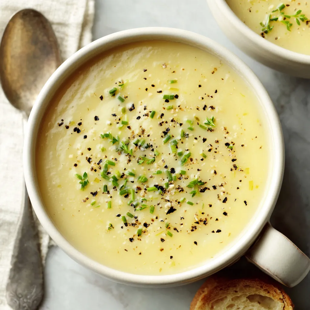 Close-up of creamy Potato Leek Soup in a white bowl, showcasing its texture and garnish.