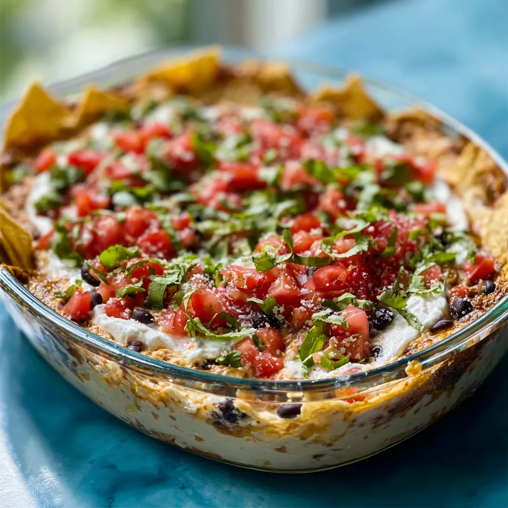 A close-up shot showcases a colorful and delicious Seven Layer Dip, ready to be served as a crowd-pleasing appetizer.