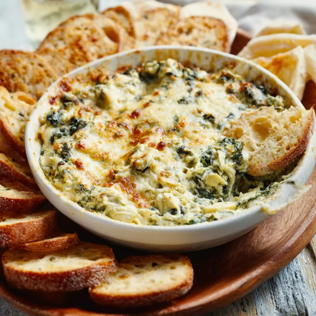 Creamy Spinach And Artichoke Dip, baked until golden brown and bubbly, ready to be served.