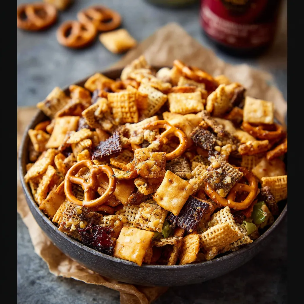 Close-up of a delicious bowl of Tailgate Snack Mix, perfect for game day.