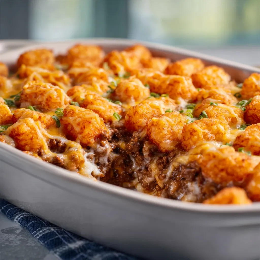 Close-up of a freshly baked Tater Tot Casserole, showcasing the golden-brown tater tots and bubbly cheese.