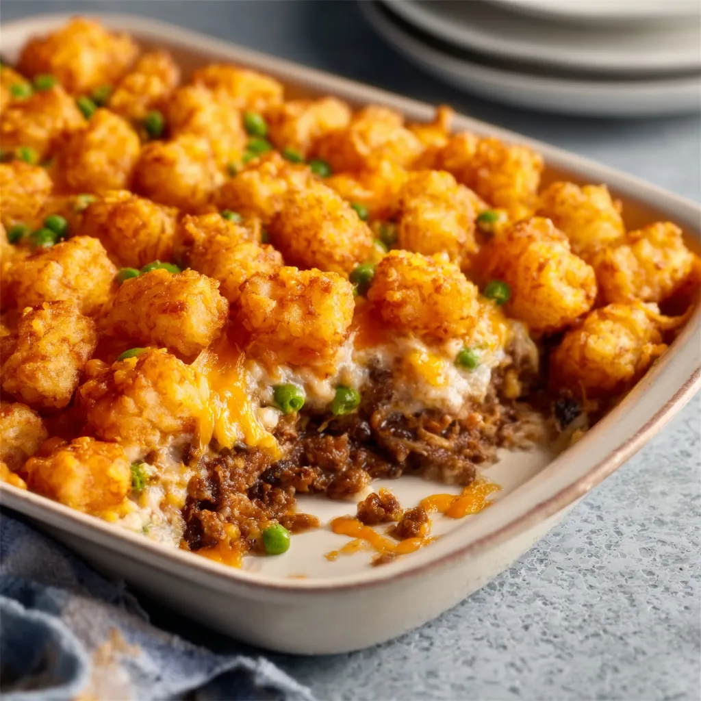 Close-up of a freshly baked Tater Tot Casserole, showcasing its golden-brown tater tot topping and creamy filling.