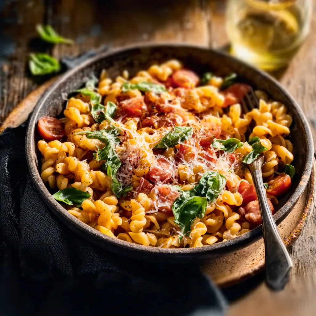 A close-up shot shows the vibrant red sauce and fresh basil of a delicious bowl of Tomato Basil Pasta.