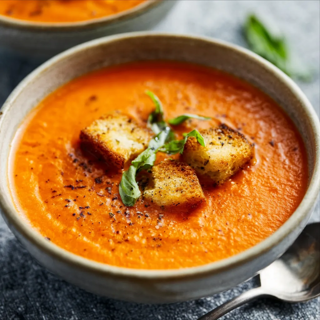 Close-up of a steaming bowl of Tomato Basil Soup, showcasing its rich color and fresh basil garnish.