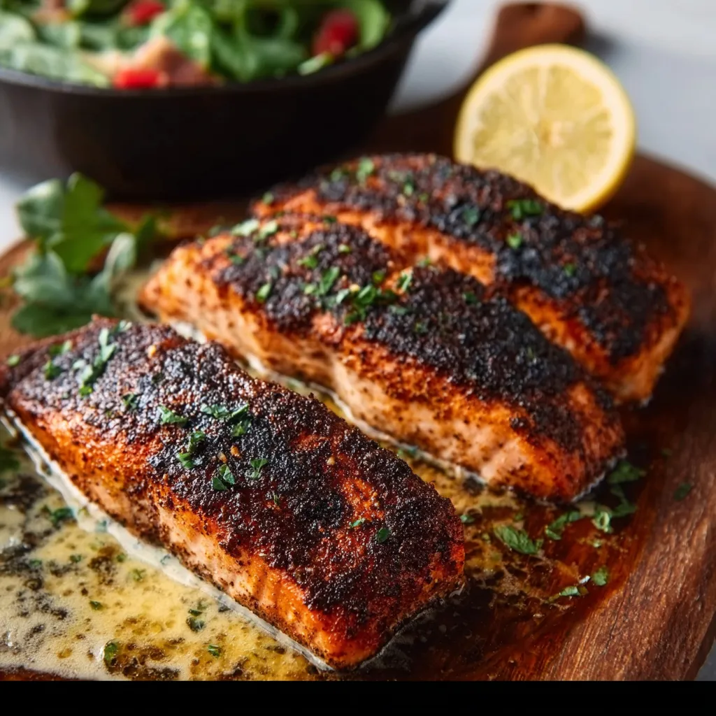Close-up of perfectly cooked Blackened Salmon, showcasing its crispy, spice-crusted exterior and flaky interior.