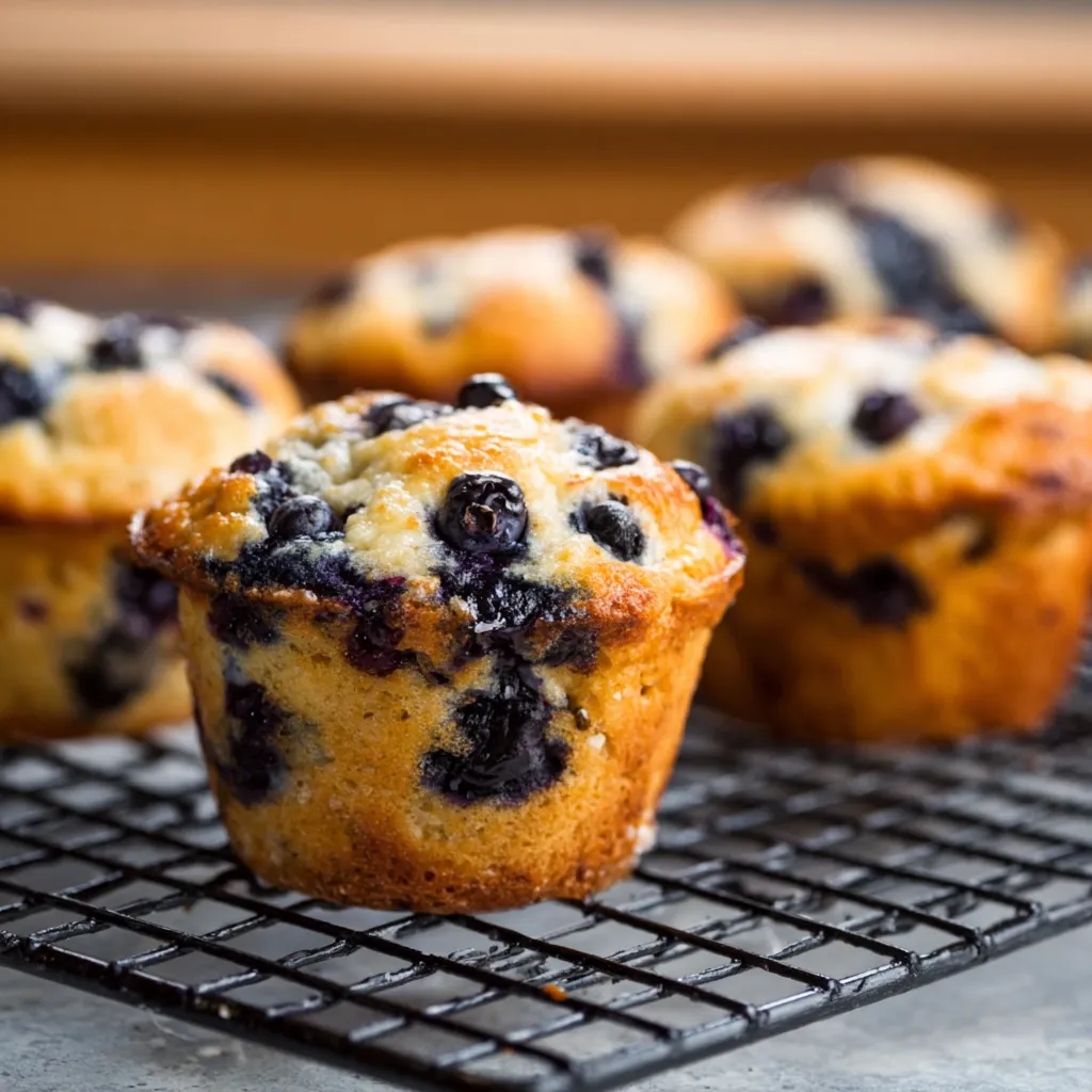 Close-up view of freshly baked Blueberry Cottage Cheese Muffins, showcasing their golden tops and blueberry filling.