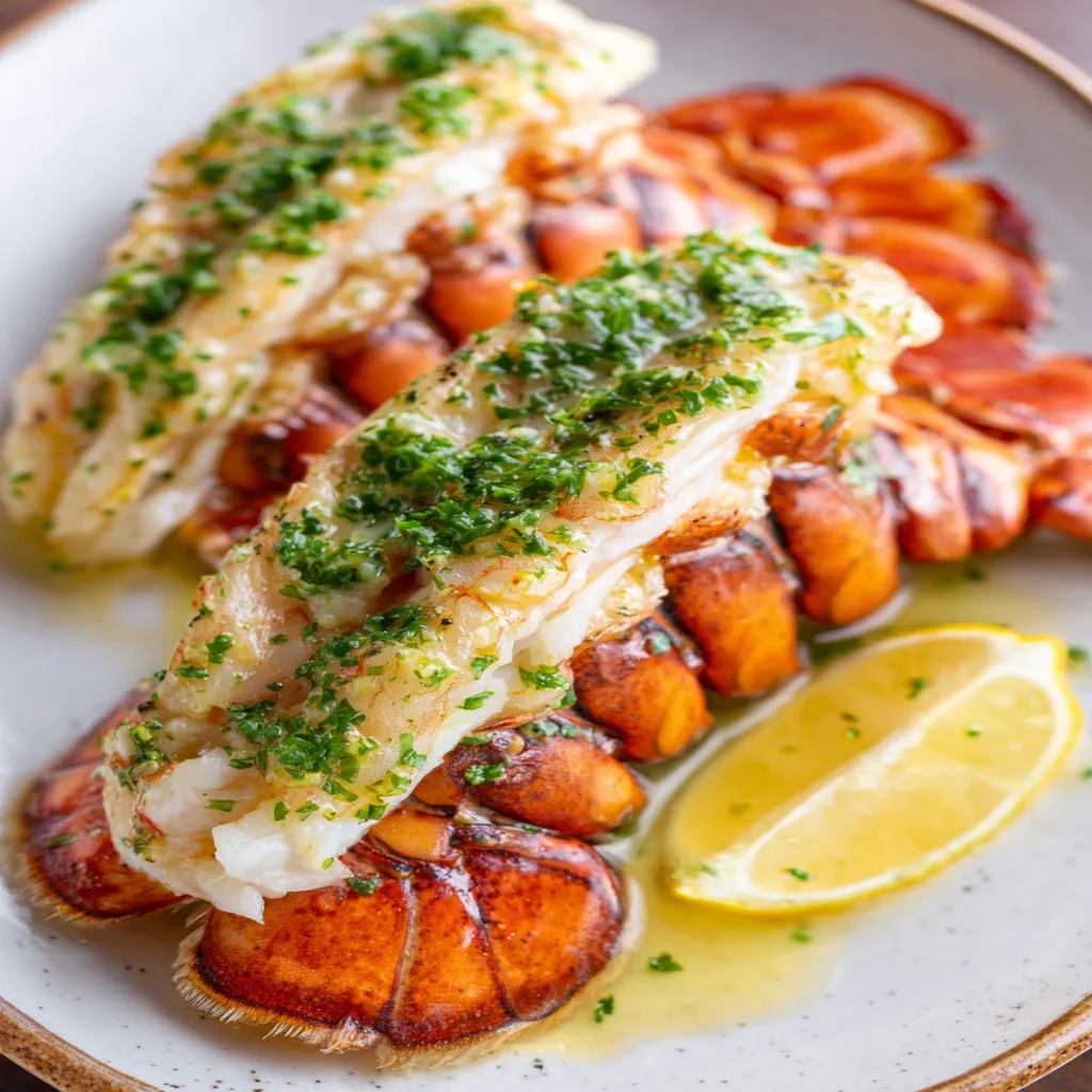 A close-up shot showcases a perfectly cooked Broiled Lobster Tail, illustrating a delicious second step in a recipe.