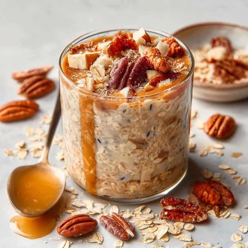 Close-up view of delicious Brown Sugar Overnight Oats in a glass jar, showcasing its creamy texture.