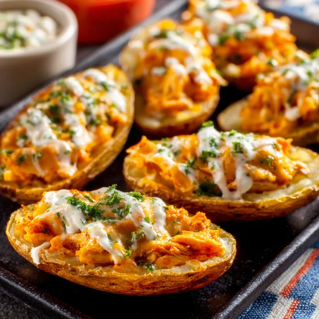 Close-up of crispy Buffalo Chicken Potato Skins loaded with toppings, perfect for game day.
