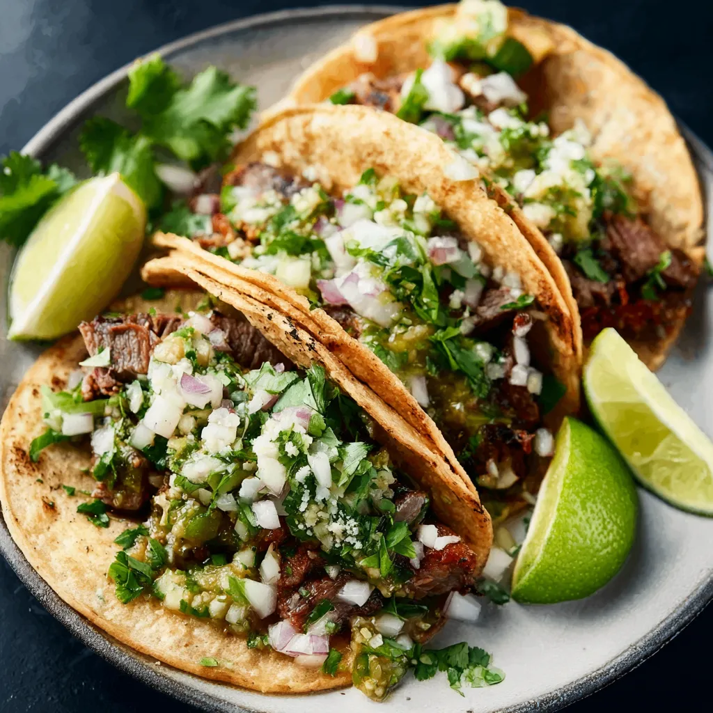 Close-up of delicious Carne Asada Street Tacos, showcasing the juicy grilled meat and fresh toppings.