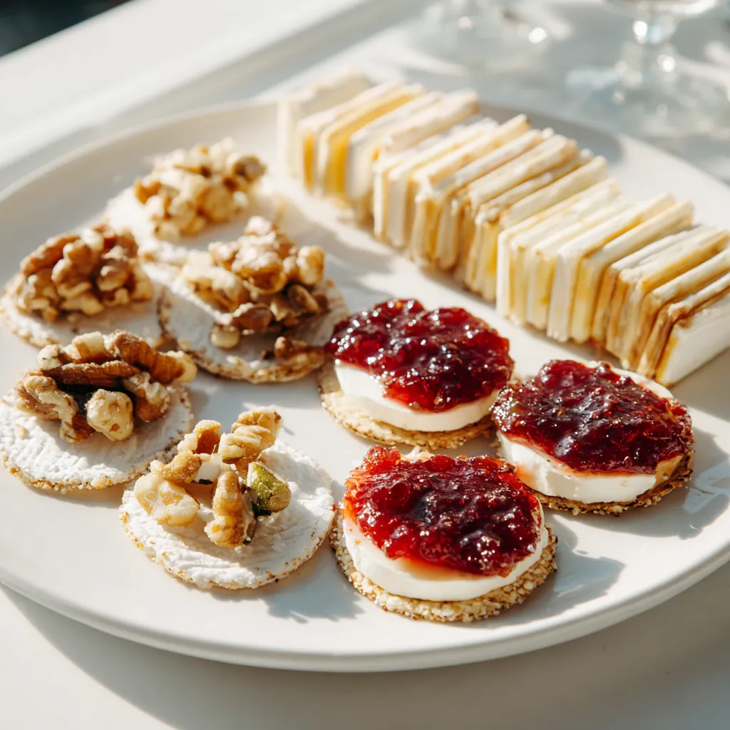 A closer view of artfully arranged Cheese And Crackers, highlighting a variety of cheeses and crackers for a sophisticated snack.