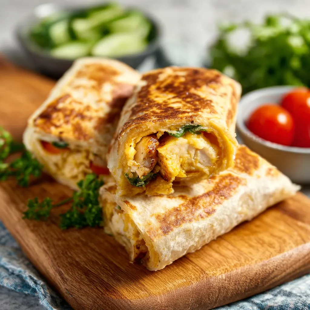 Close-up of delicious Cheesy Garlic Chicken Wraps, showcasing the melted cheese and tender chicken filling.