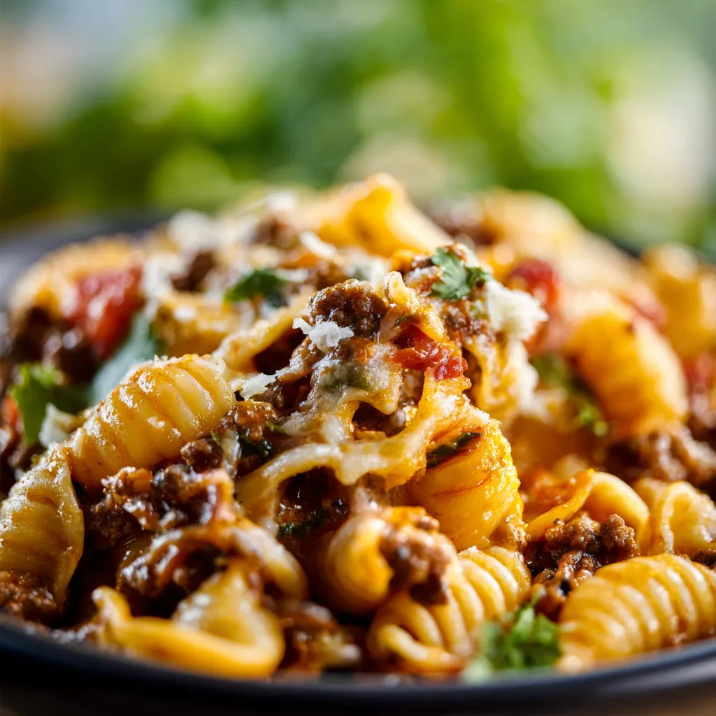 A close-up shot showcases a vibrant plate of Cheesy Taco Pasta, highlighting the melted cheese and colorful toppings.