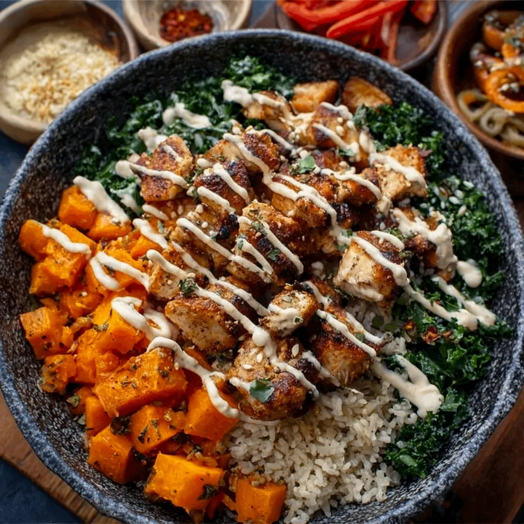 A close-up shows a delicious Chicken Sweet Potato Rice Bowl, highlighting the textures and colorful ingredients.