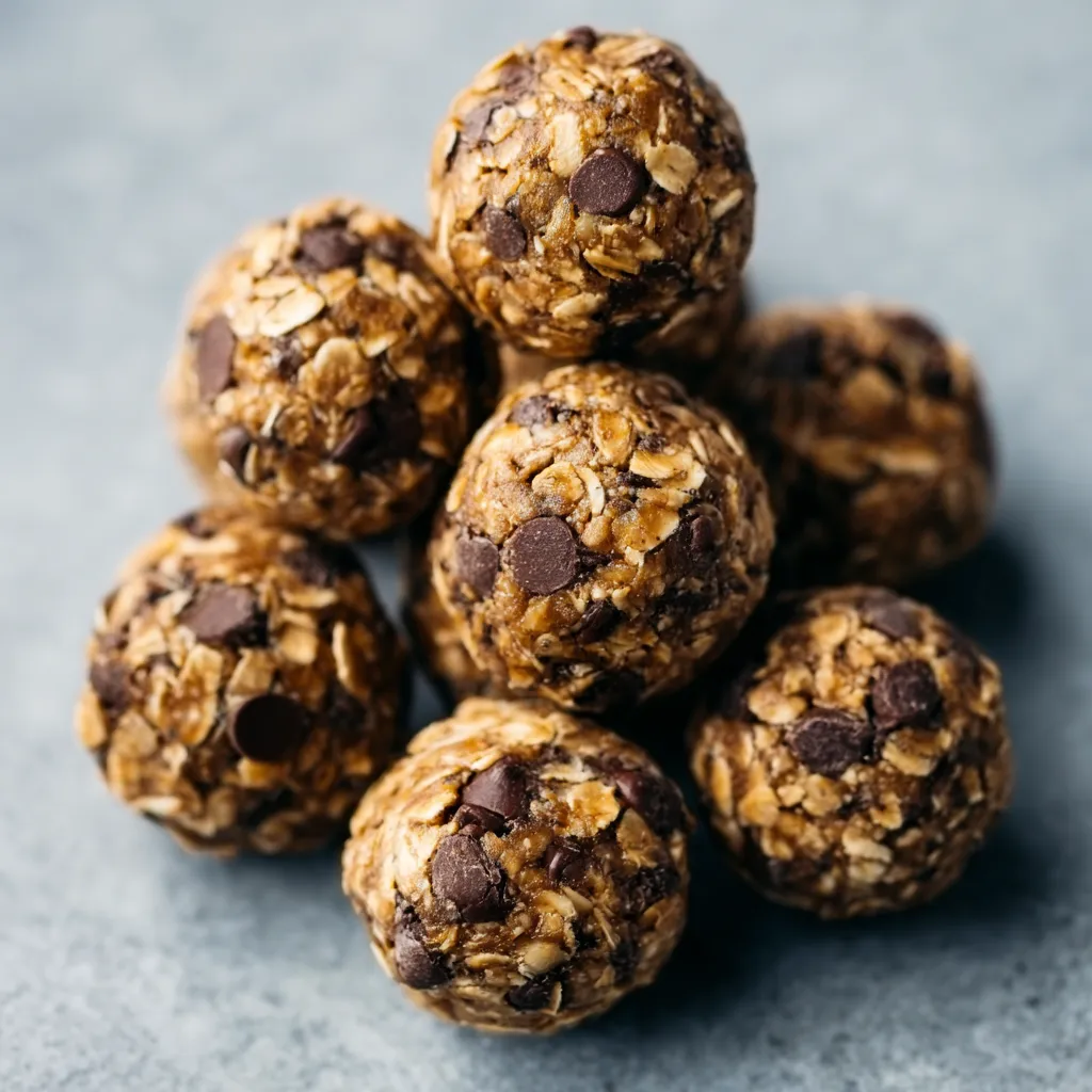 Close-up shot of delicious homemade Chocolate Chip Oatmeal Protein Balls, perfect for a healthy snack.