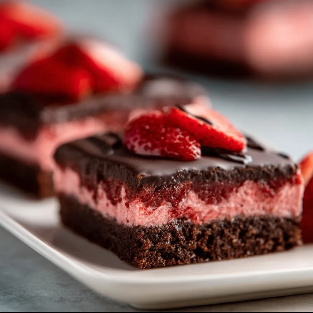 Close-up view of delicious Chocolate Covered Strawberry Brownies, showcasing their rich chocolate frosting and fresh strawberry toppings.