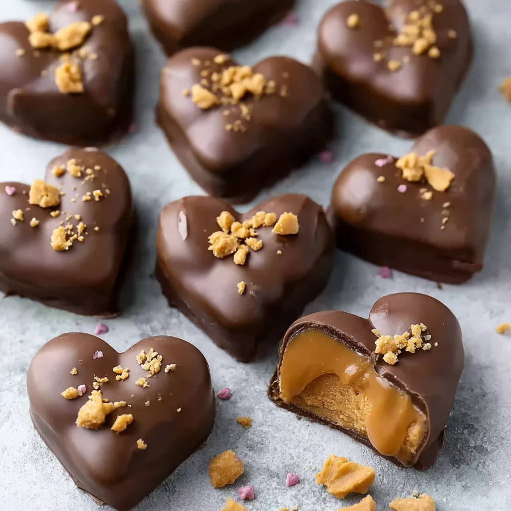 Close-up of homemade Chocolate Peanut Butter Valentine's Hearts, showcasing their decadent layers and festive heart shape.
