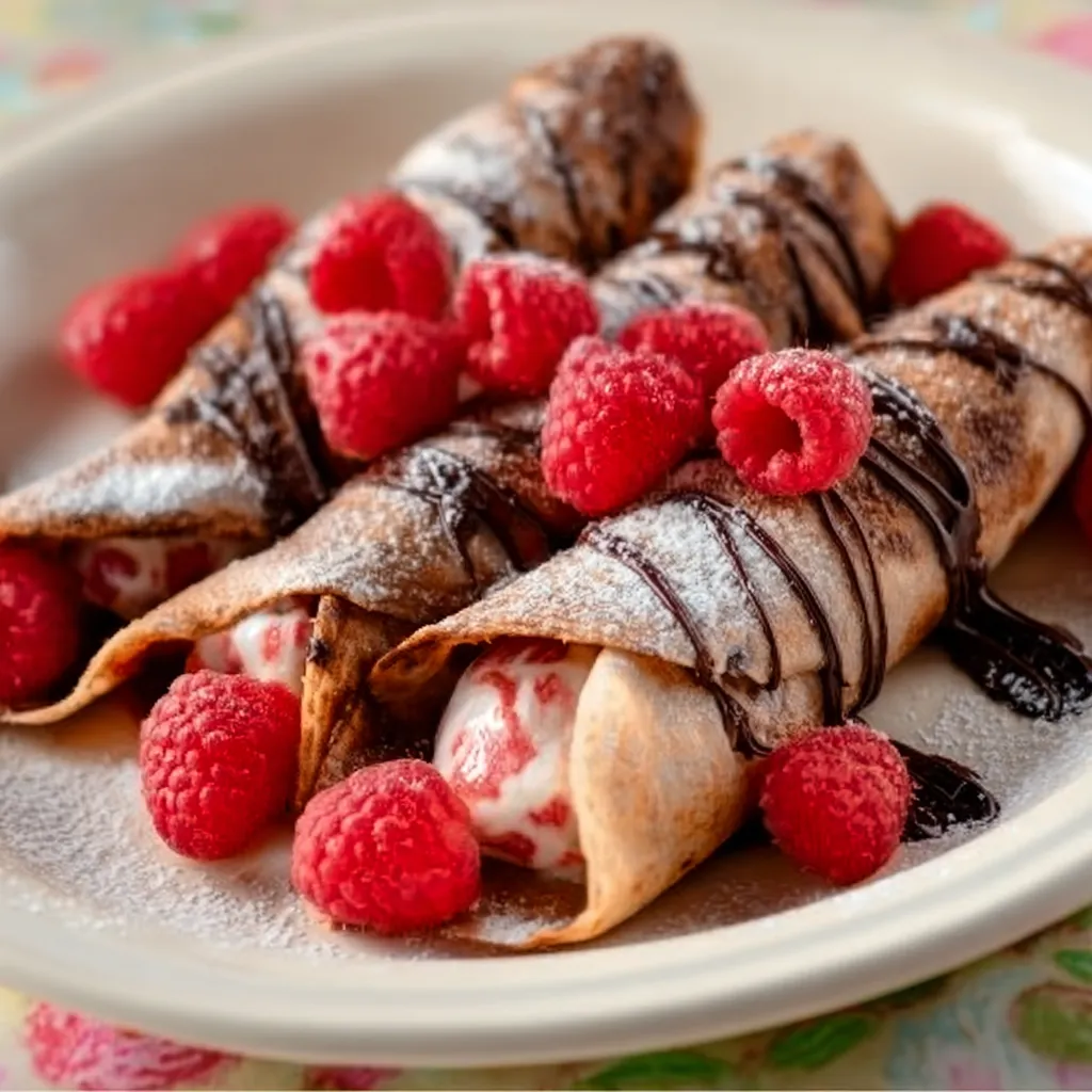 A close-up shot showcases the layers of a stack of delicious Chocolate Raspberry Crepes, drizzled with chocolate sauce and garnished with fresh raspberries.