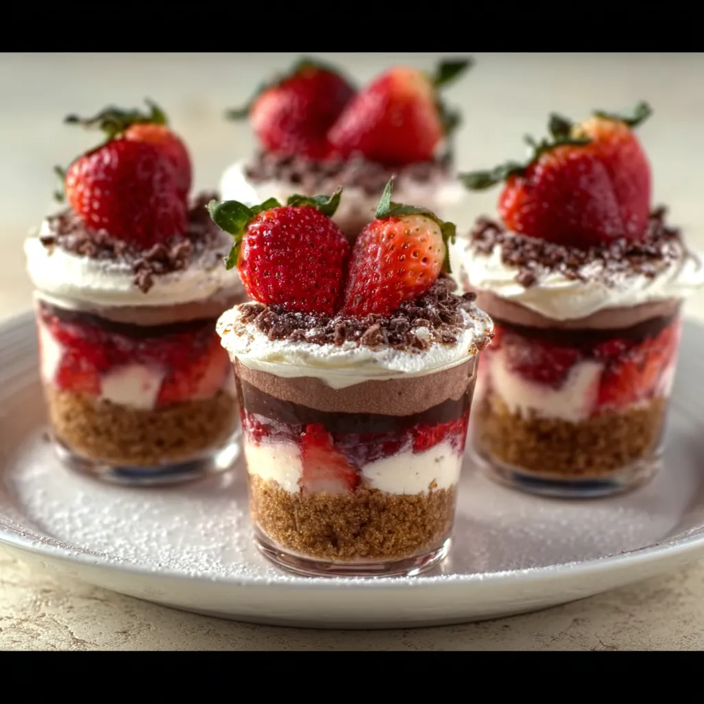 Close-up view of delicious Chocolate Strawberry Cake Shooters in individual glasses, showcasing the layers of cake, chocolate, and strawberries.
