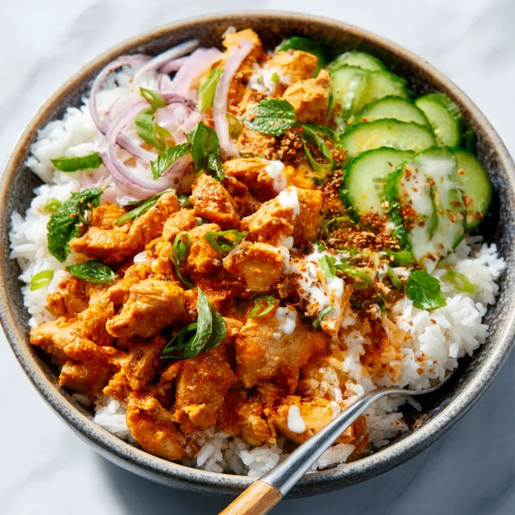 Close-up of a delicious Coconut Chicken Rice Bowl showcasing the tender chicken and fluffy rice.