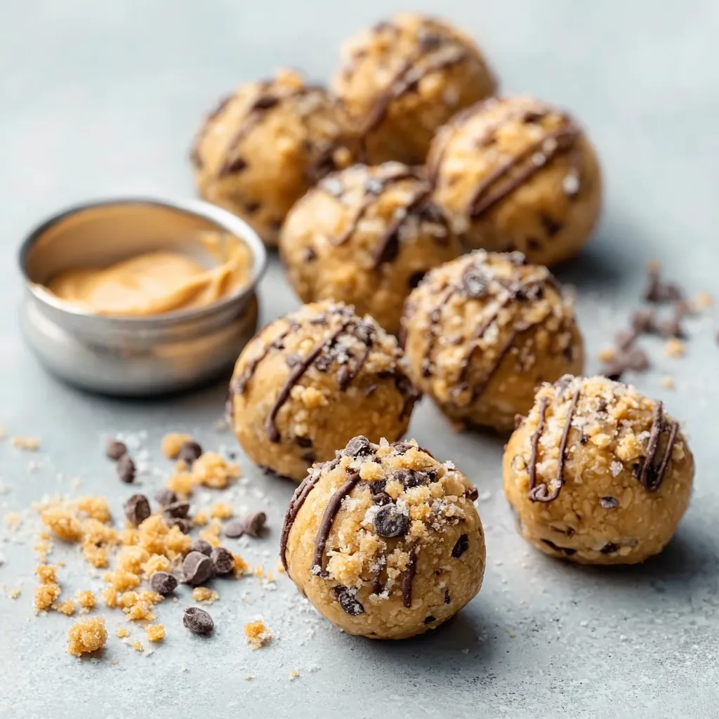 Close-up shot showcasing the texture and ingredients of homemade Cookie Dough Protein Balls.
