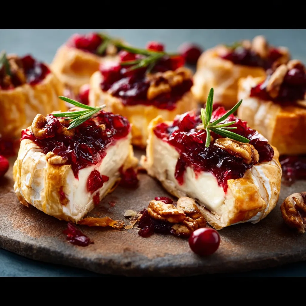 A close-up shot showcases a delicious Cranberry Brie Cheese Appetizer, perfectly melted and ready to be served.