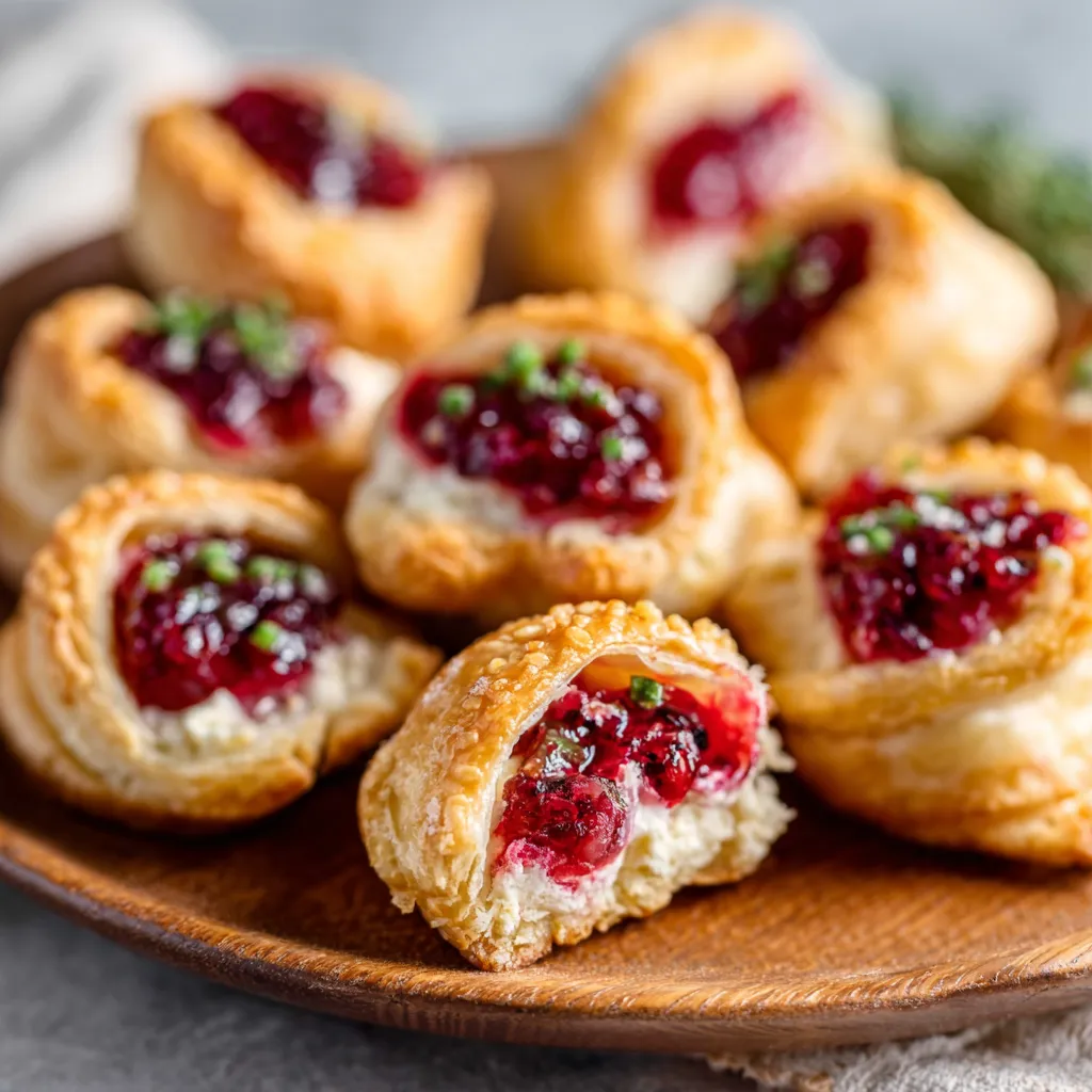 Close-up view of baked Cranberry Cream Cheese Crescent Bites arranged on a plate, showcasing their flaky crust and sweet, creamy filling.