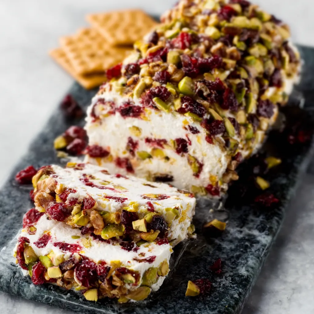 Close-up of a festive Cranberry Pistachio Cheese Log, showcasing the vibrant colors and textures of the cranberries, pistachios, and creamy cheese.