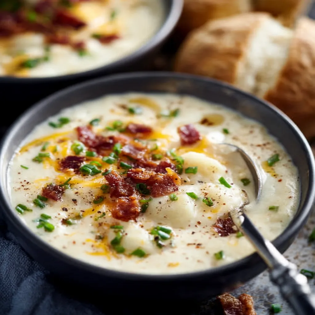 A close-up shot showcases the rich texture of Creamy Potato Soup, ready to be served.