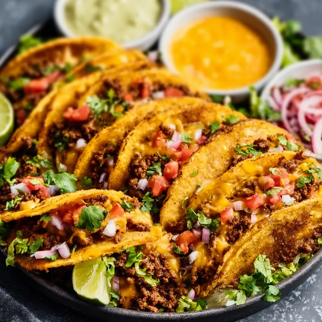 Close-up showing the crispy, golden-brown shells of fully assembled Crispy Baked Ground Beef Tacos, ready to be served.