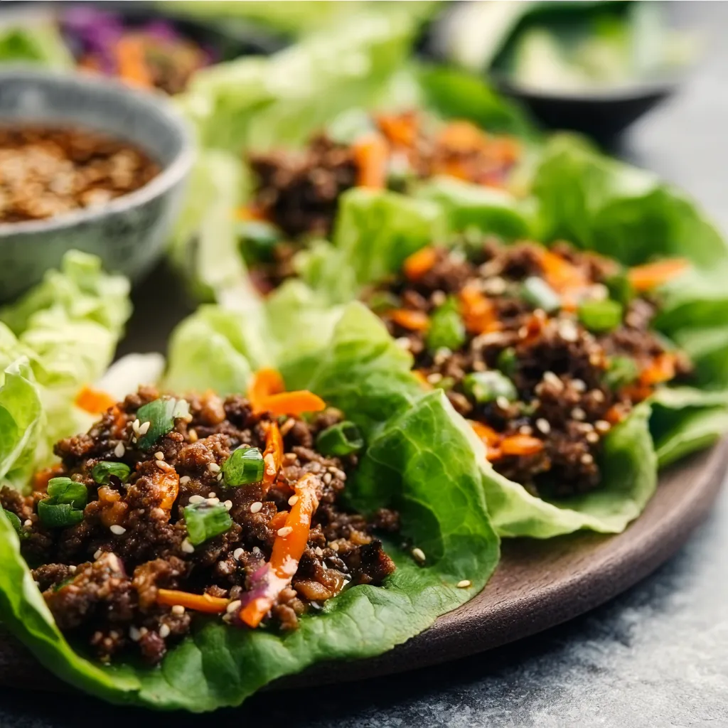 Close-up showcasing the delicious filling of Asian-Style Ground Beef Lettuce Wraps, ready to be enjoyed.
