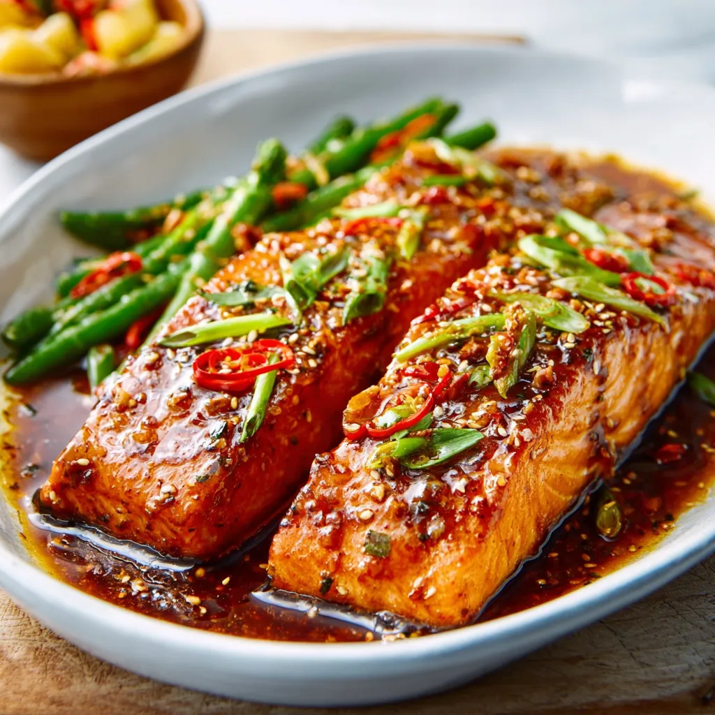 Close-up shot of glistening Baked Teriyaki Salmon with a sticky glaze, ready to be served.