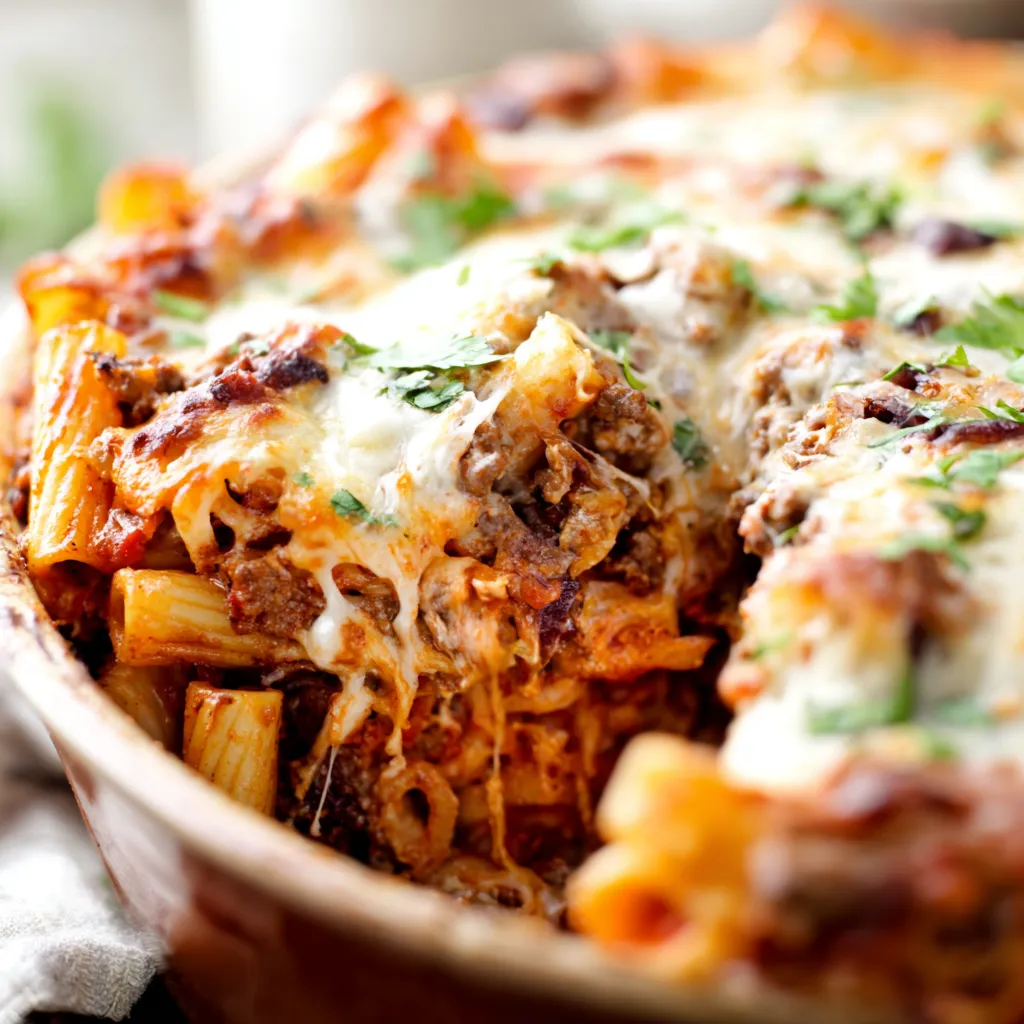 A close-up showcases a bubbling, cheesy Baked Ziti, fresh from the oven and ready to be served.