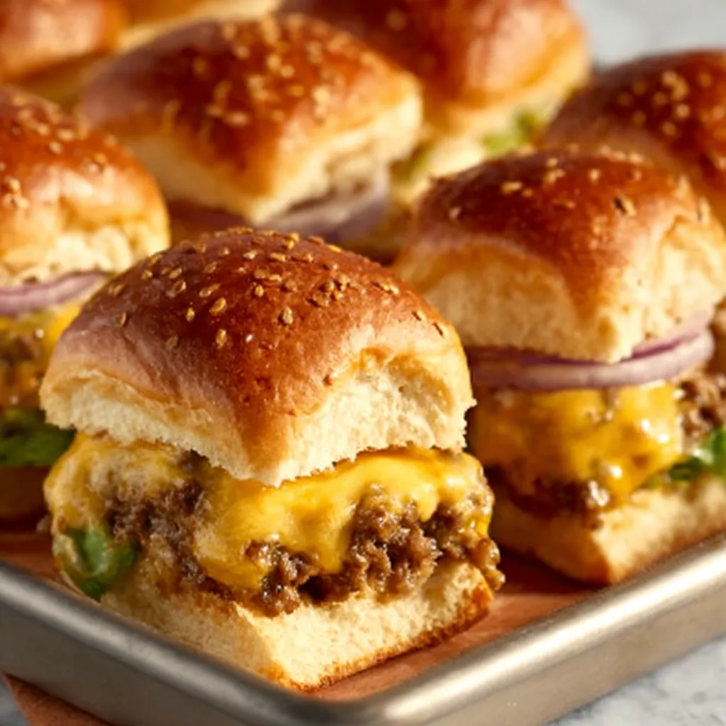 Close-up shot of juicy Cheeseburger Sliders stacked on top of each other, showcasing the melted cheese and toppings.
