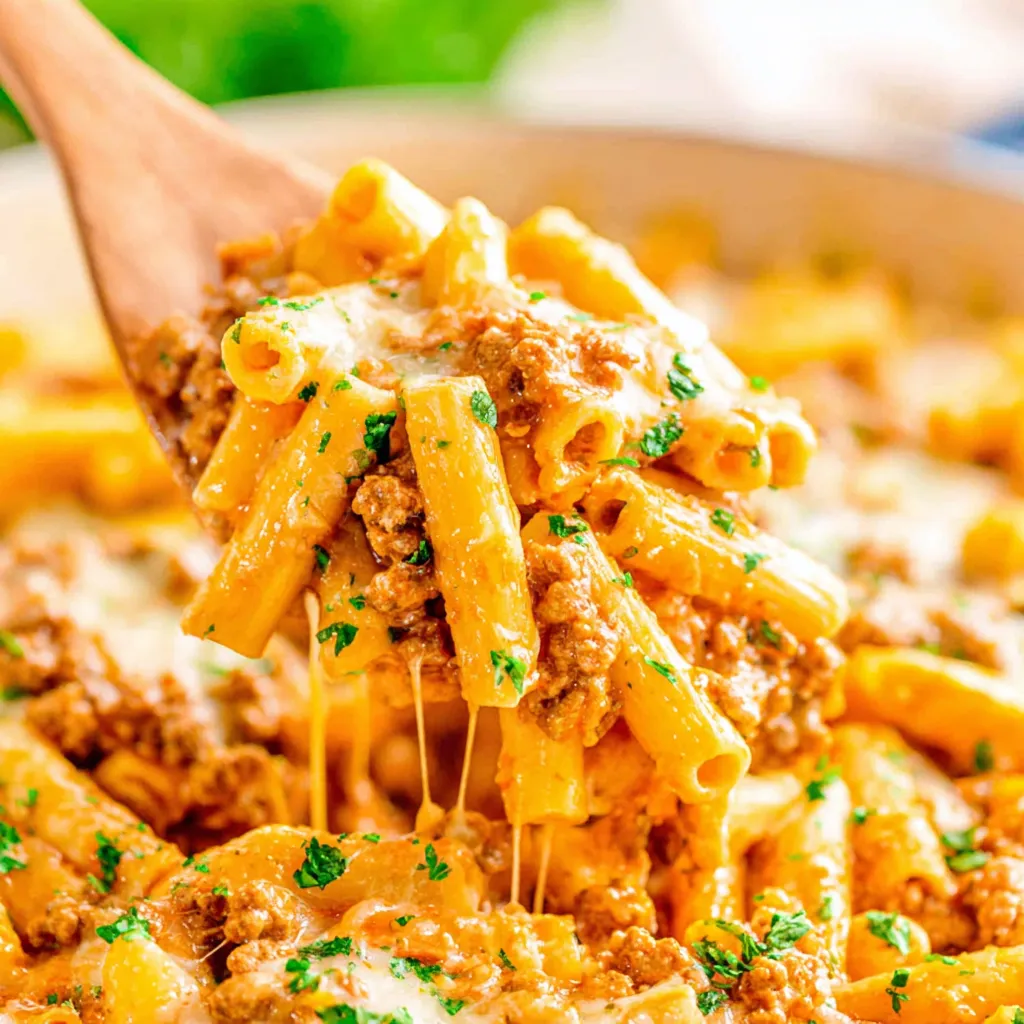 Close-up of a delicious Cheesy One-Pot Beef Pasta Skillet, showcasing the melted cheese and hearty beef.