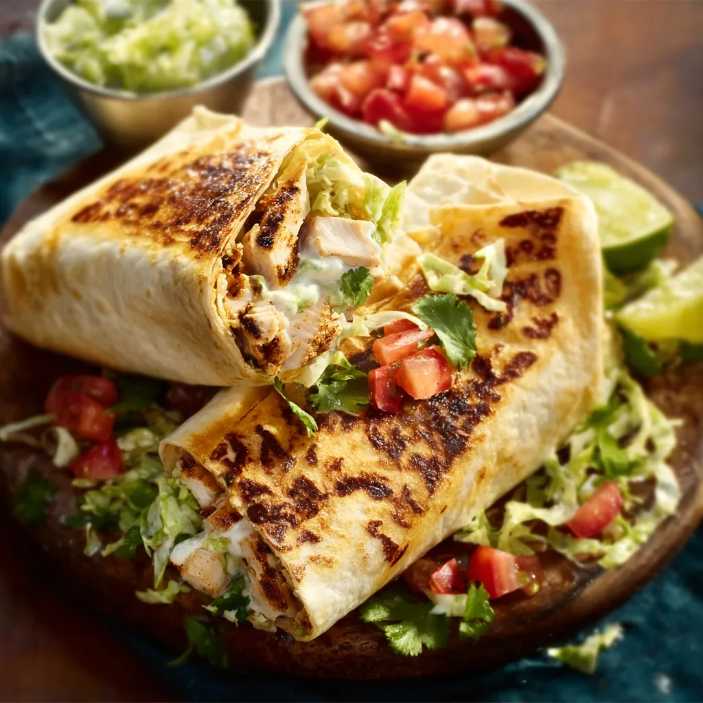 A delicious Chipotle Ranch Grilled Chicken Burrito, cut in half, displays its flavorful grilled chicken, rice, beans, and creamy chipotle ranch sauce filling.