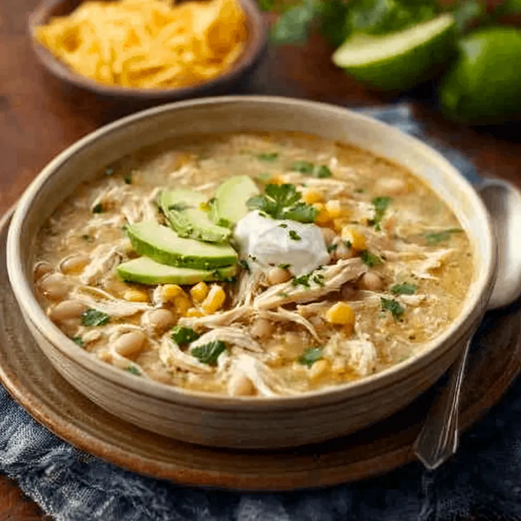 Close-up view of a bowl of Creamy White Chicken Chili showing its creamy texture and toppings.