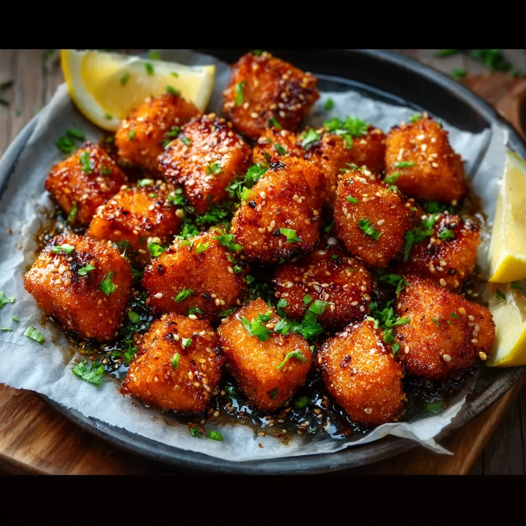 Close-up showing perfectly glazed Honey Garlic Salmon Bites, ready to be served.