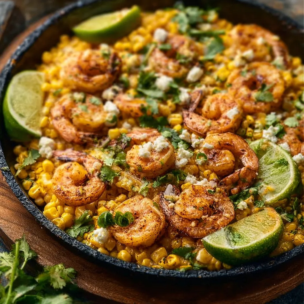 Close-up view of the finished Mexican Street Corn And Shrimp Skillet, showcasing the vibrant colors and textures of the dish.