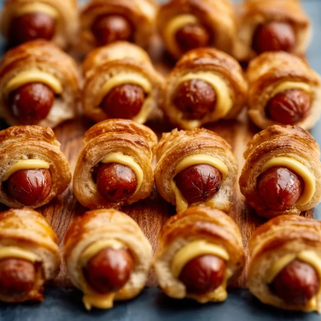 Golden-brown Pigs In A Blanket are arranged on a plate, showcasing a delicious and easy appetizer.